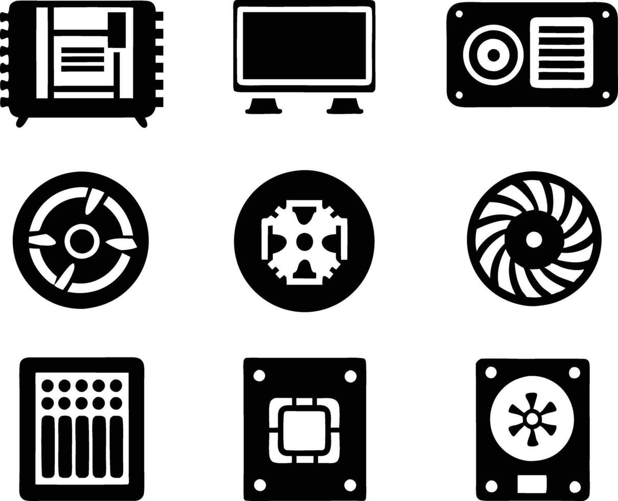 set of computer parts icon. computer, technology, electronic, hardware, device, motherboard, pc, part, equipment, component, cpu, processor, chip vector