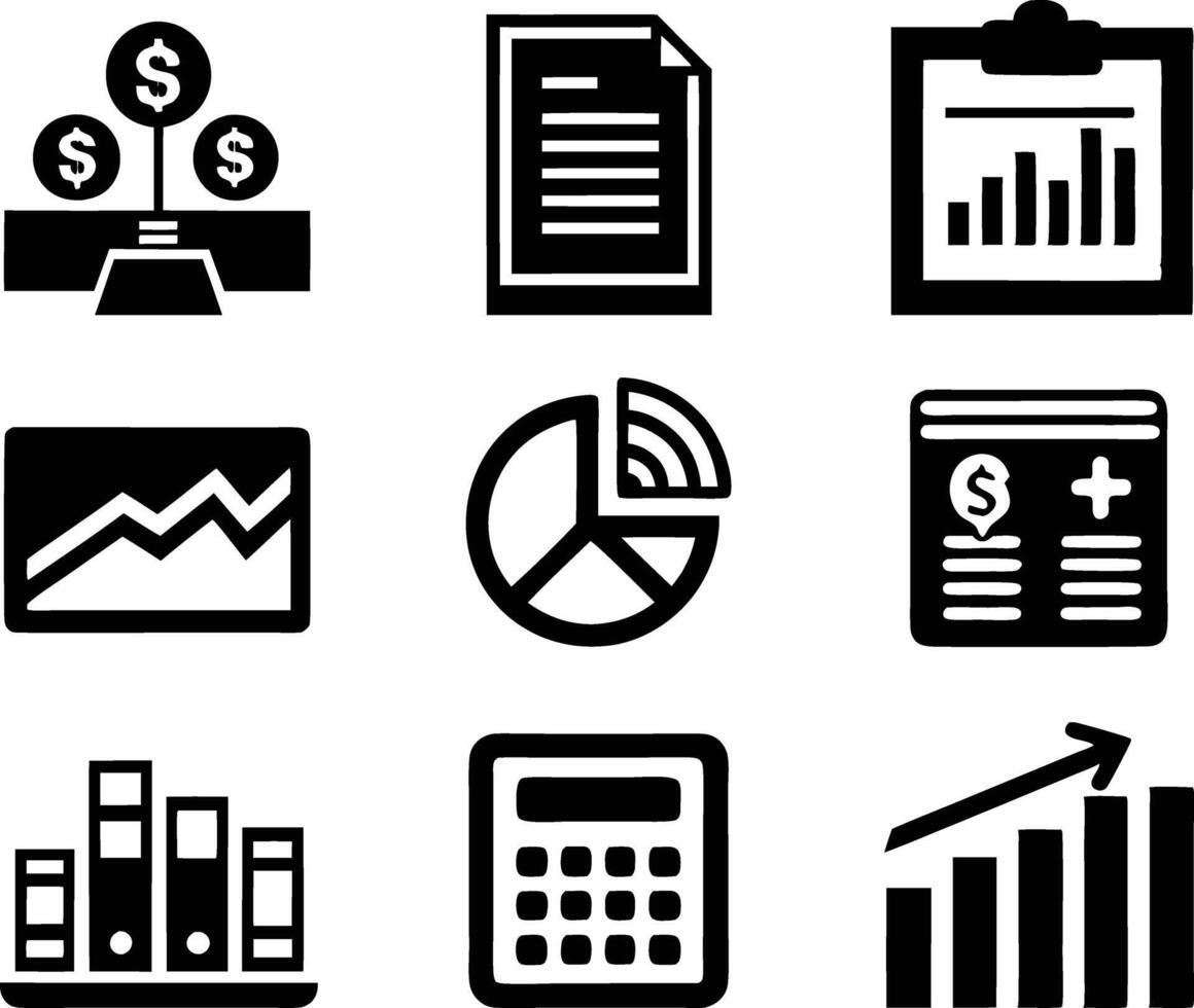 set of accounting icon illustration. revenue, document, calculator, success, economy, infographic, research, accountant vector