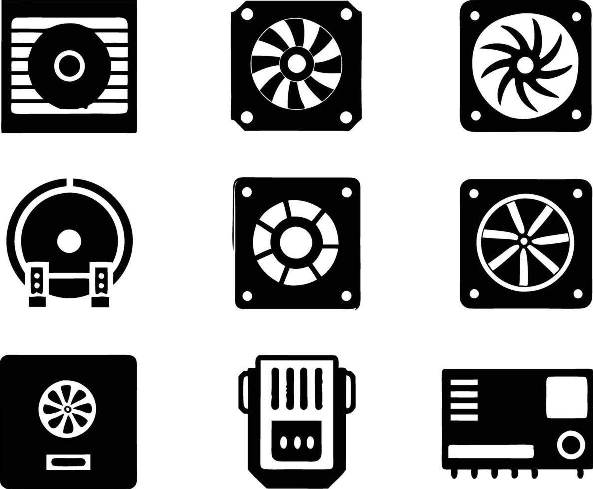 set of computer parts icon. computer, technology, electronic, hardware, device, motherboard, pc, part, equipment, component, cpu, processor, chip vector