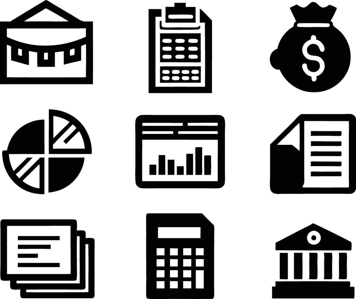 set of accounting icon illustration. revenue, document, calculator, success, economy, infographic, research, accountant vector