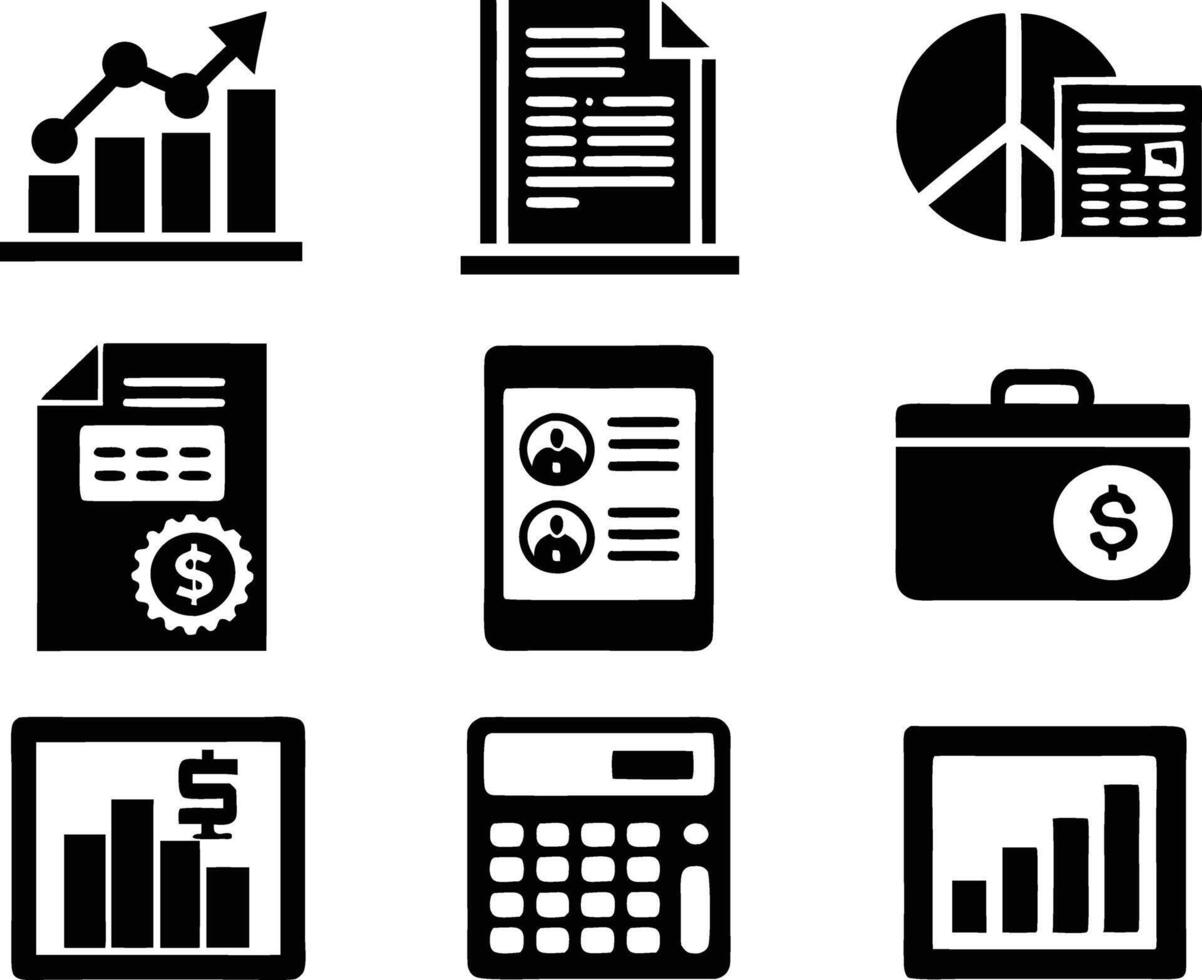 set of accounting icon illustration. revenue, document, calculator, success, economy, infographic, research, accountant vector