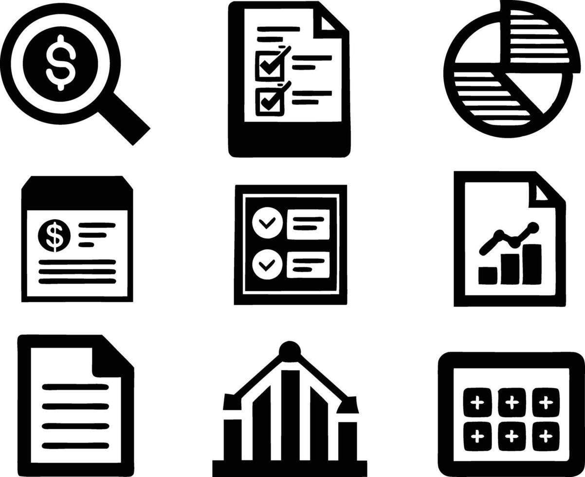 set of accounting icon illustration. revenue, document, calculator, success, economy, infographic, research, accountant vector