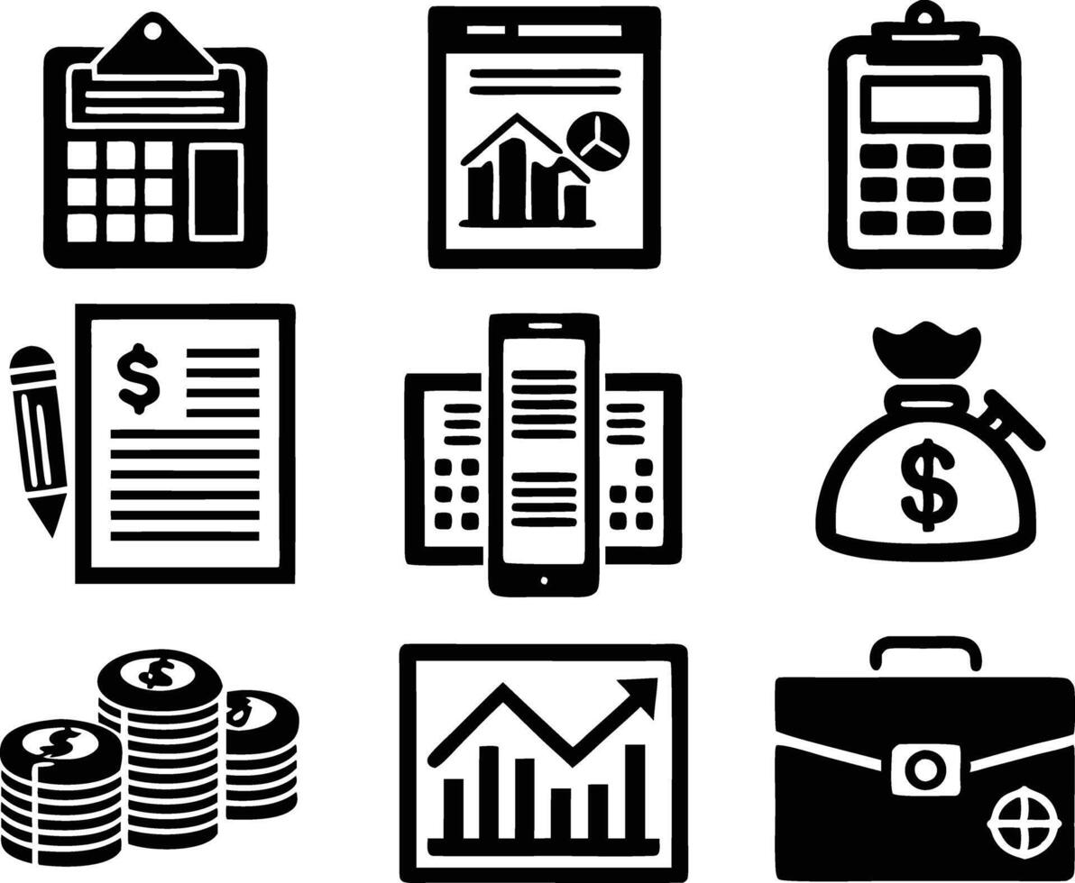 set of accounting icon illustration. revenue, document, calculator, success, economy, infographic, research, accountant vector