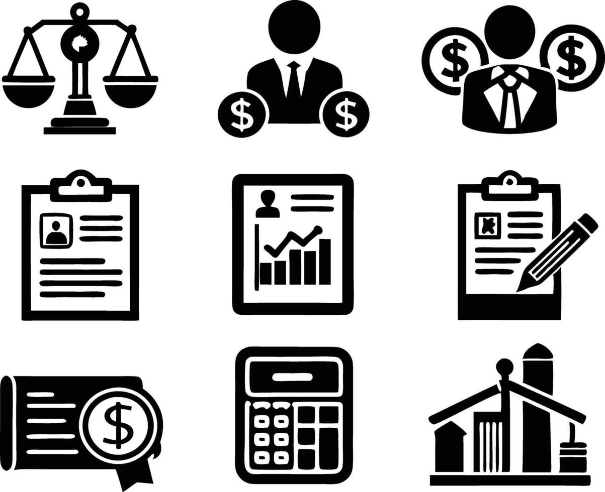 set of accounting icon illustration. revenue, document, calculator, success, economy, infographic, research, accountant vector