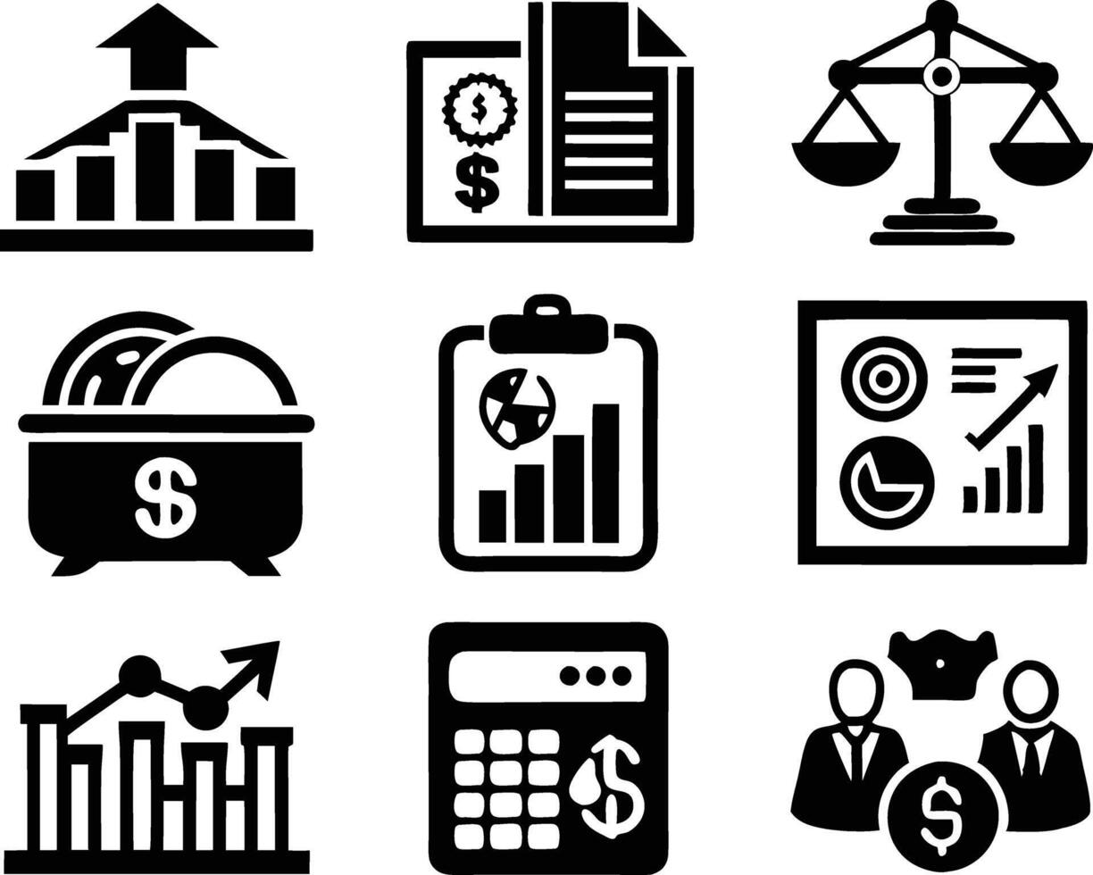 set of accounting icon illustration. revenue, document, calculator, success, economy, infographic, research, accountant vector