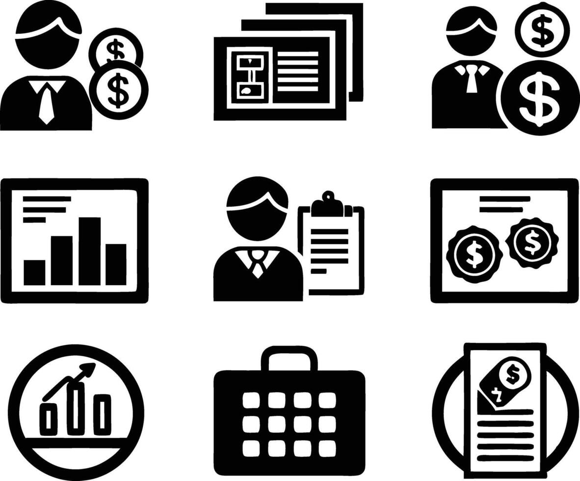 set of accounting icon illustration. revenue, document, calculator, success, economy, infographic, research, accountant vector