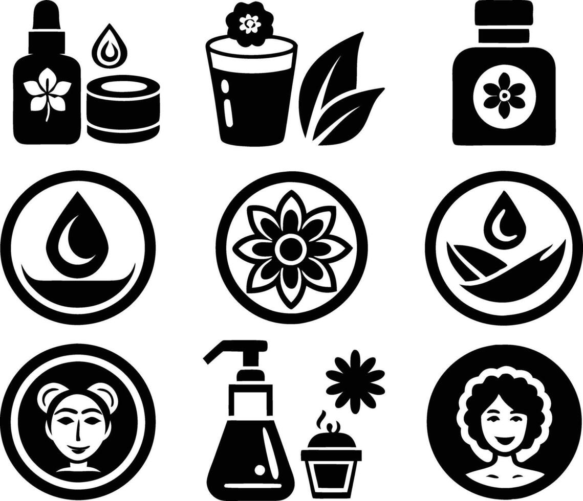 Set of care products icon illustration. serum, cosmetics, skin care, spa, mockup, wellness, health, vector