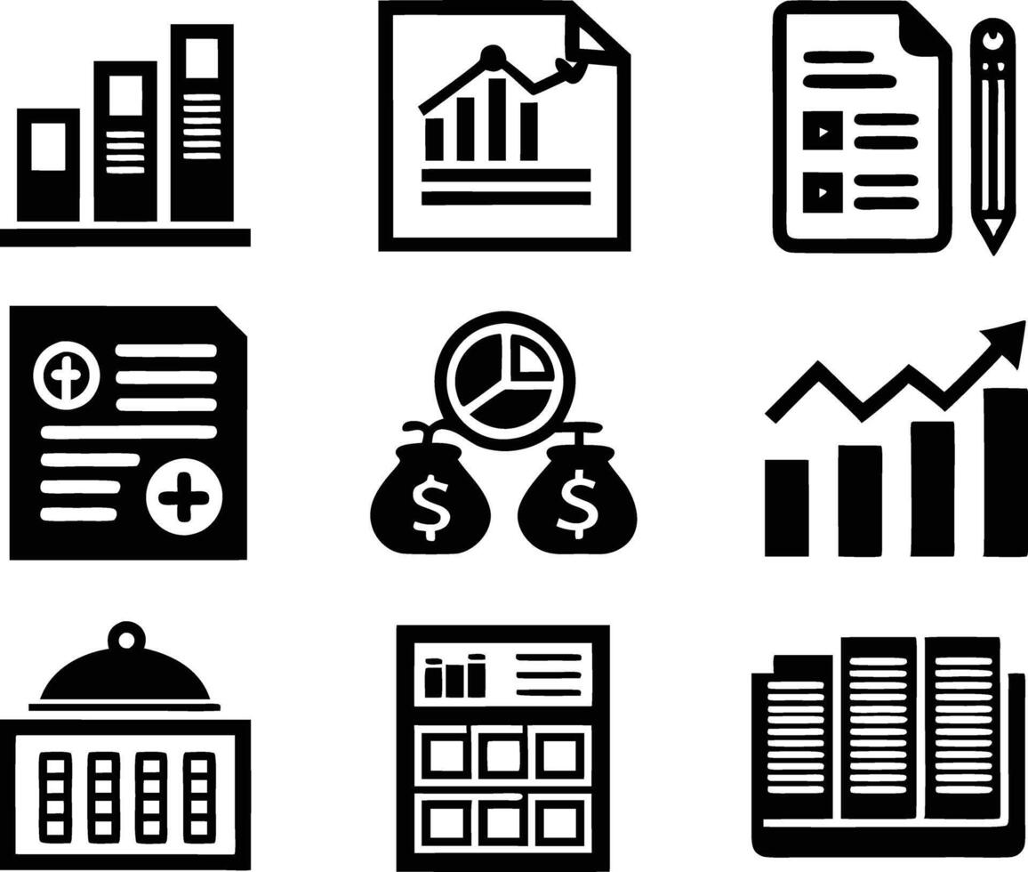 set of accounting icon illustration. revenue, document, calculator, success, economy, infographic, research, accountant vector