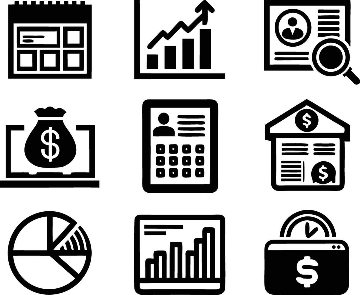 set of accounting icon illustration. revenue, document, calculator, success, economy, infographic, research, accountant vector