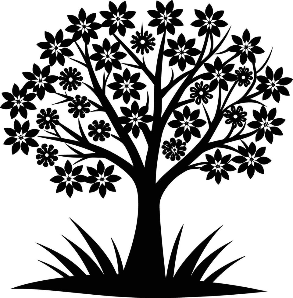 tree with grass illustration black and white vector