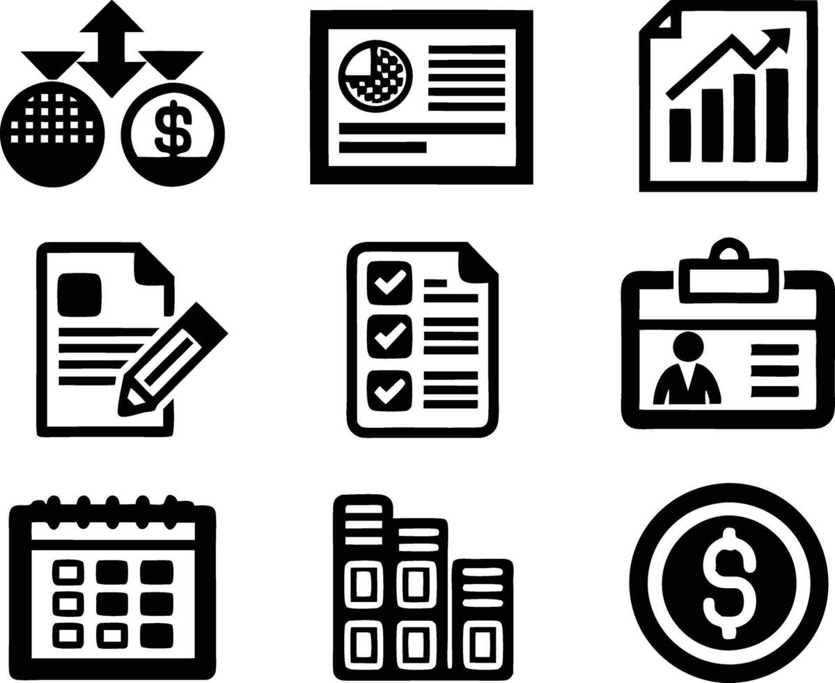 set of accounting icon illustration. revenue, document, calculator, success, economy, infographic, research, accountant vector
