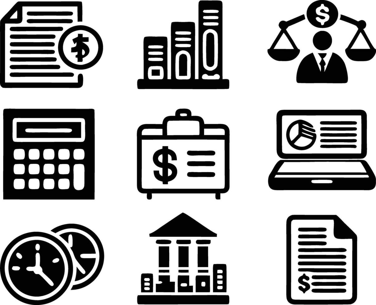 set of accounting icon illustration. revenue, document, calculator, success, economy, infographic, research, accountant vector