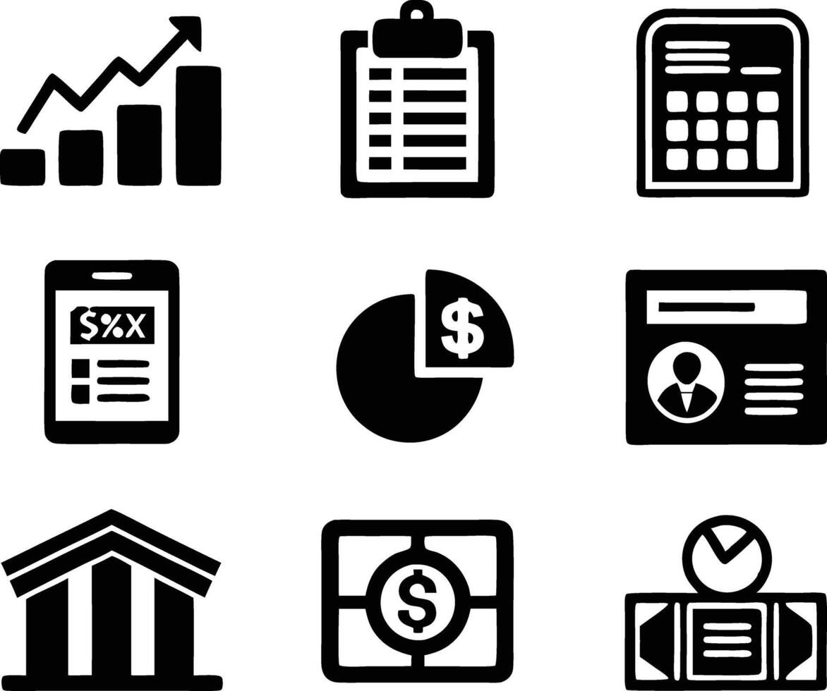 set of accounting icon illustration. revenue, document, calculator, success, economy, infographic, research, accountant vector
