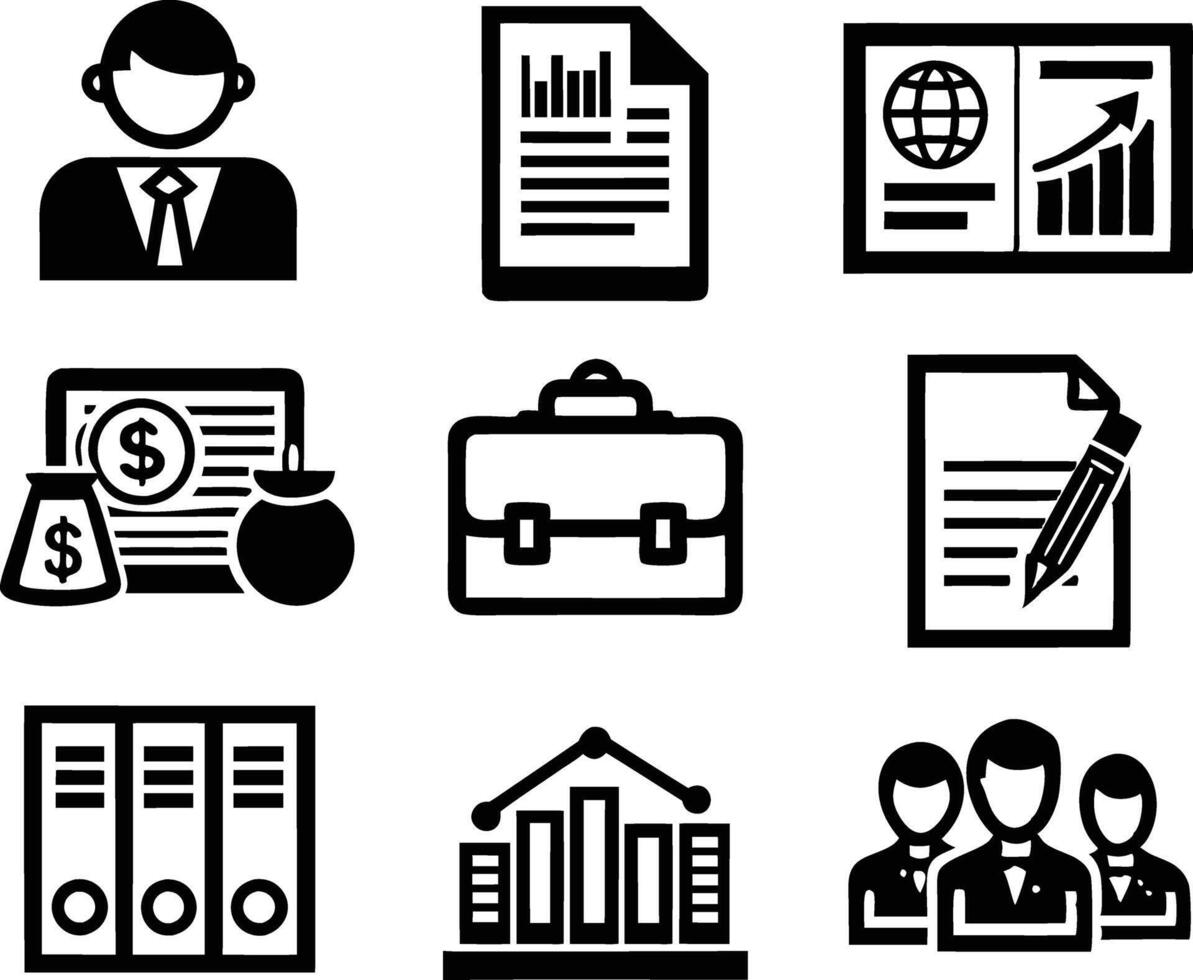 set of accounting icon illustration. revenue, document, calculator, success, economy, infographic, research, accountant vector