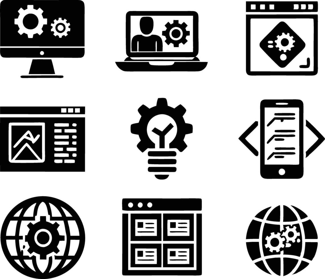 conjunto de programación icono ilustración. computadora, código, programación, software, tecnología, Internet, programa, codificación, desarrollo vector