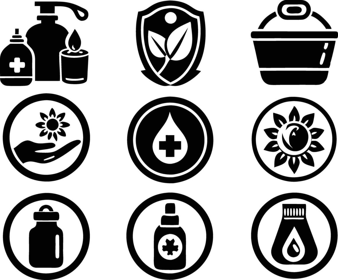 Set of care products icon illustration. serum, cosmetics, skin care, spa, mockup, wellness, health, vector