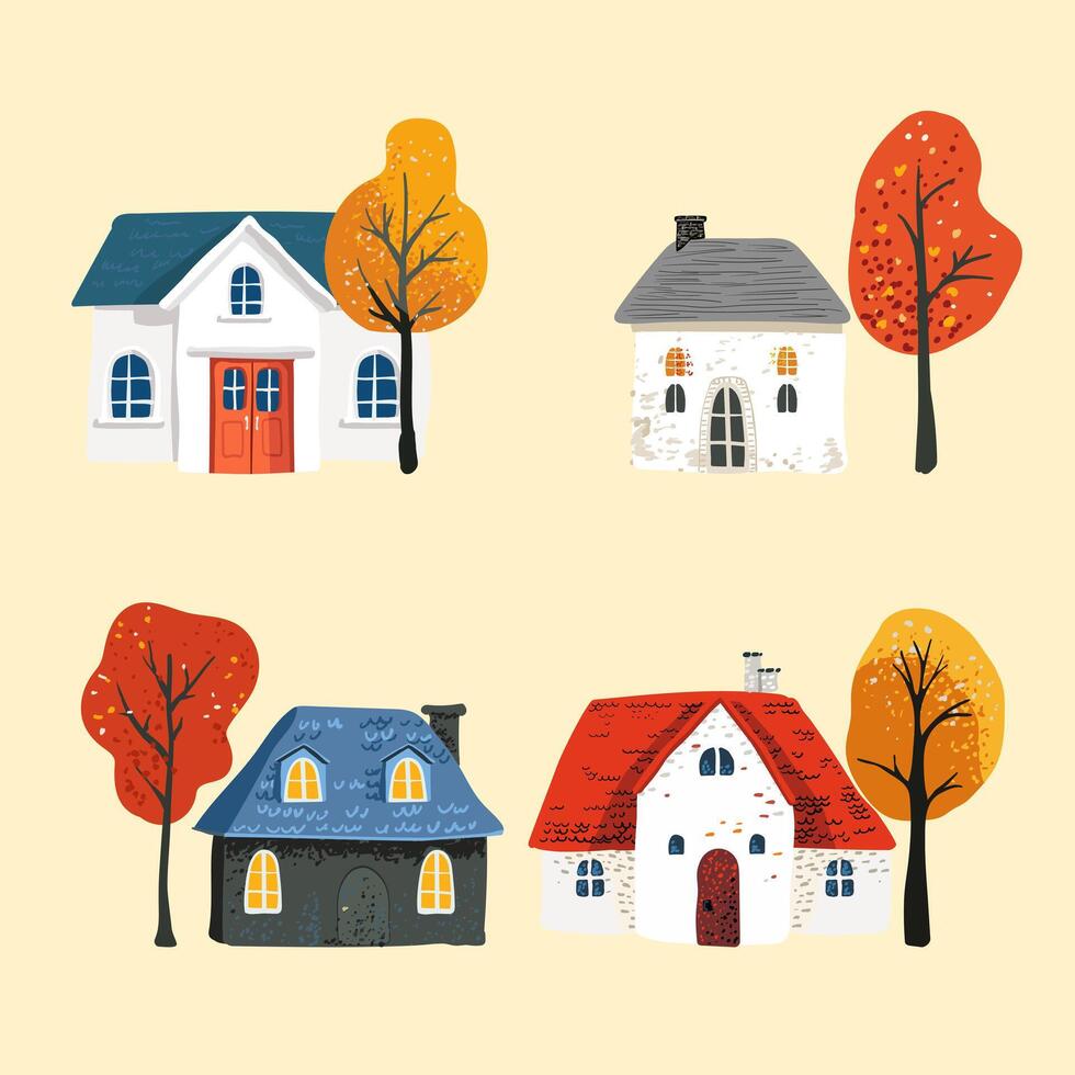 Set cartoon Village House with a tiled roof. Folk yellow red leaves on a tree. Postcard and poster. For print textiles vector