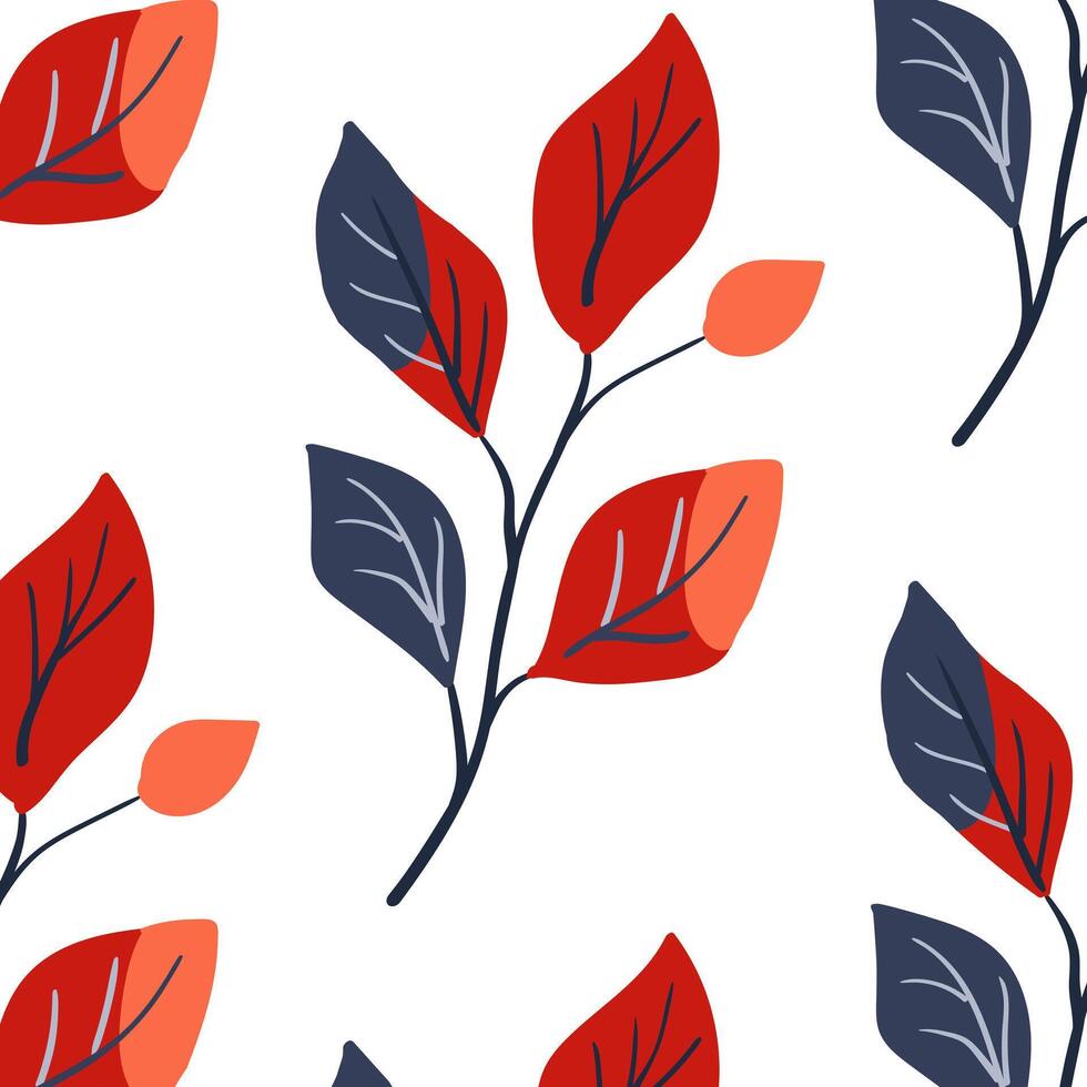 Seamless pattern. Simple Plant. Simple branch with bright leaves. White background. Ornament in Scandinavian style. Hand drown. Flat vector