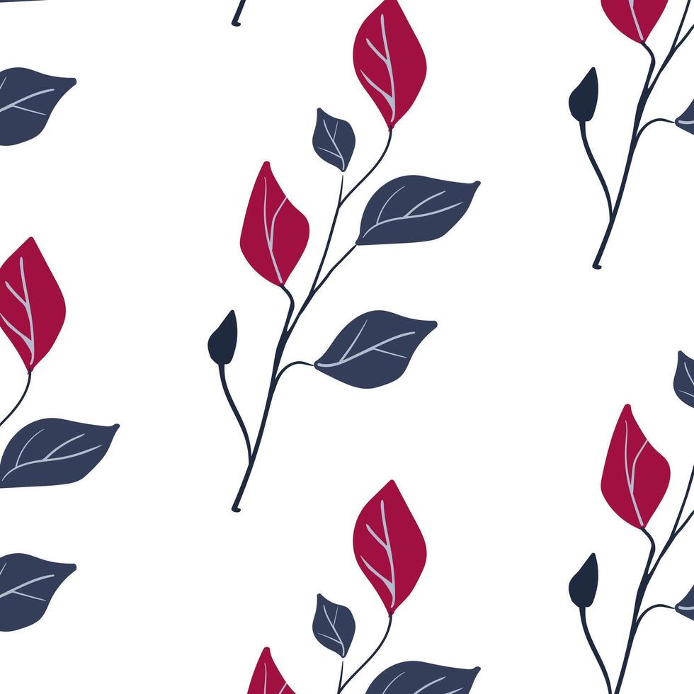 Seamless pattern. Simple Plant. Simple branch and leaves. White background. Decorative ornament in Scandinavian style. Hand drown. Flat vector