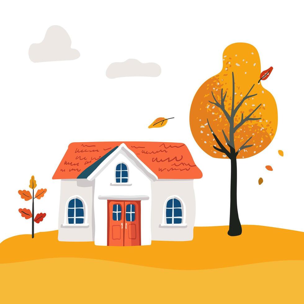 Cartoon magical Village House with an orange roof. Folk yellow tree and red bush. Cute postcard and poster, for printing on clothing textiles vector