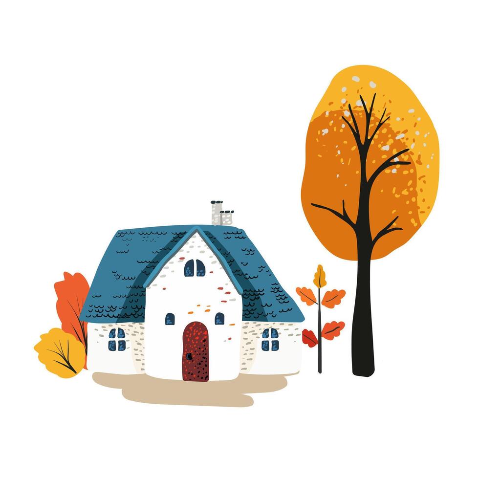 A simple fairytale house with a blue roof in Scandinavian style. Yellow tree. White backdrop cards, posters. Packaging paper and textiles vector