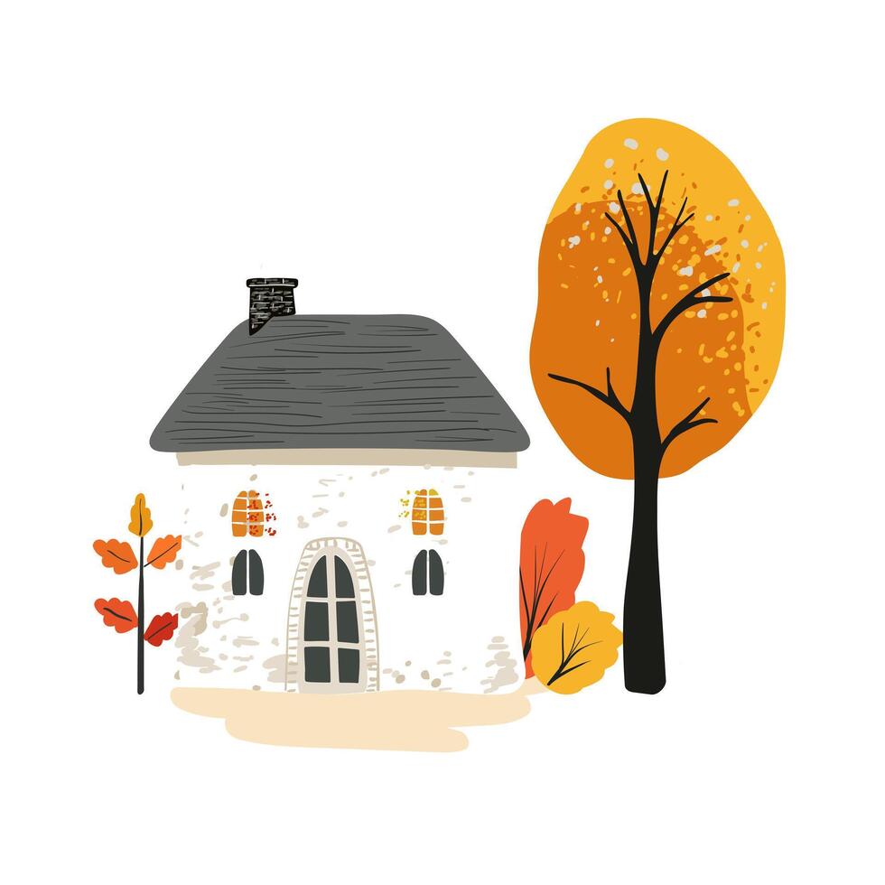 Fairytale white house with a thatched roof in a simple minimalist style, yellow wood on a white backdrop. Postcard and poster. Packaging paper textiles vector