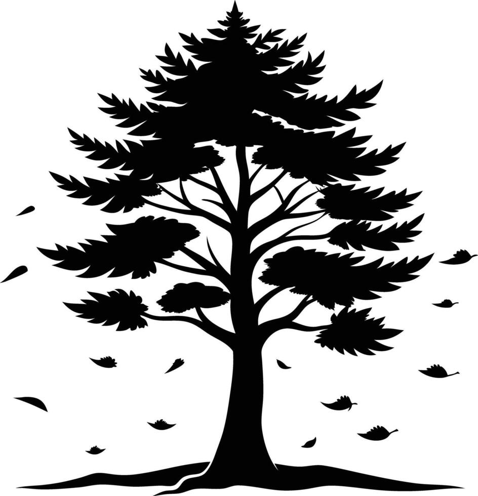 Tree fall leavs silhouette black and white illustration vector