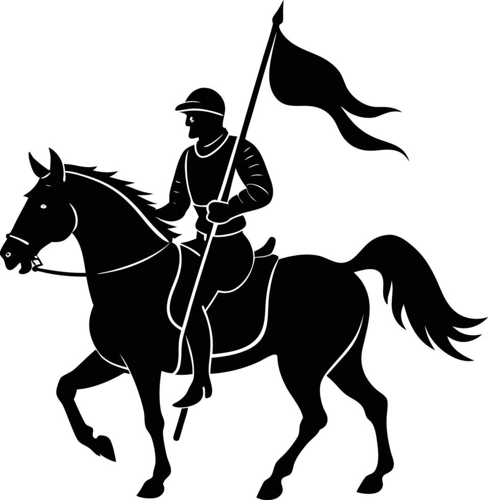 a silhouette medieval cavalier with horse holding flag, black and white vector