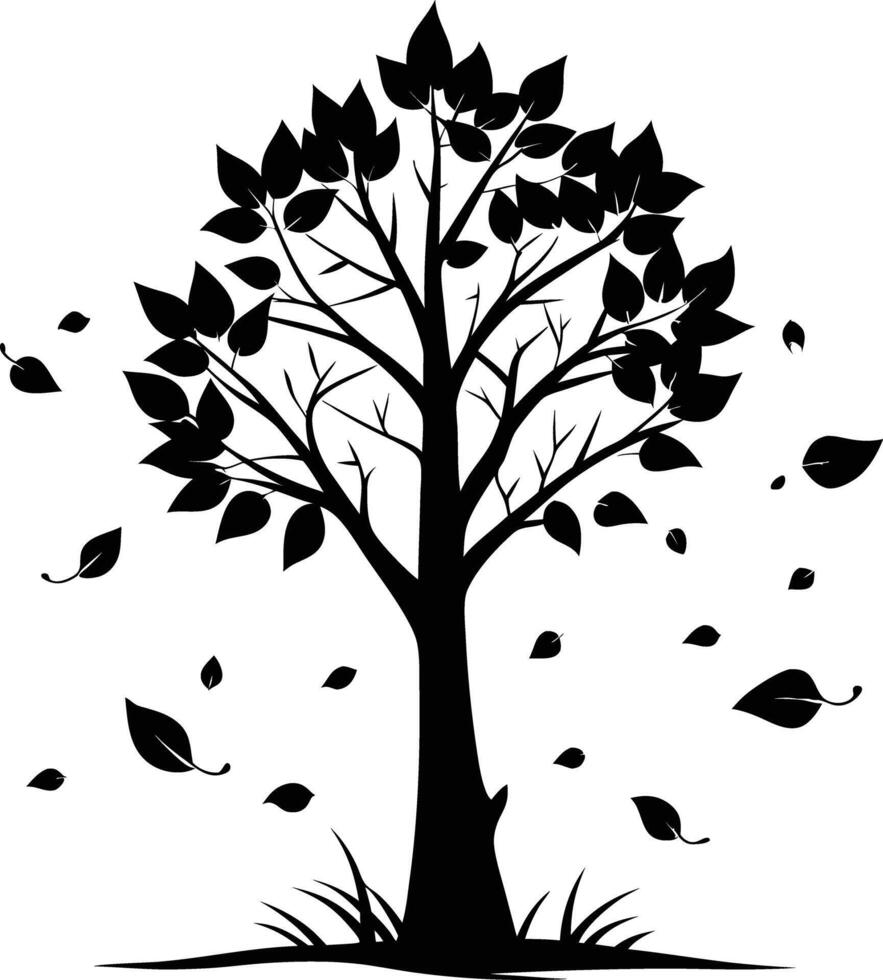 Tree fall leavs silhouette black and white illustration vector