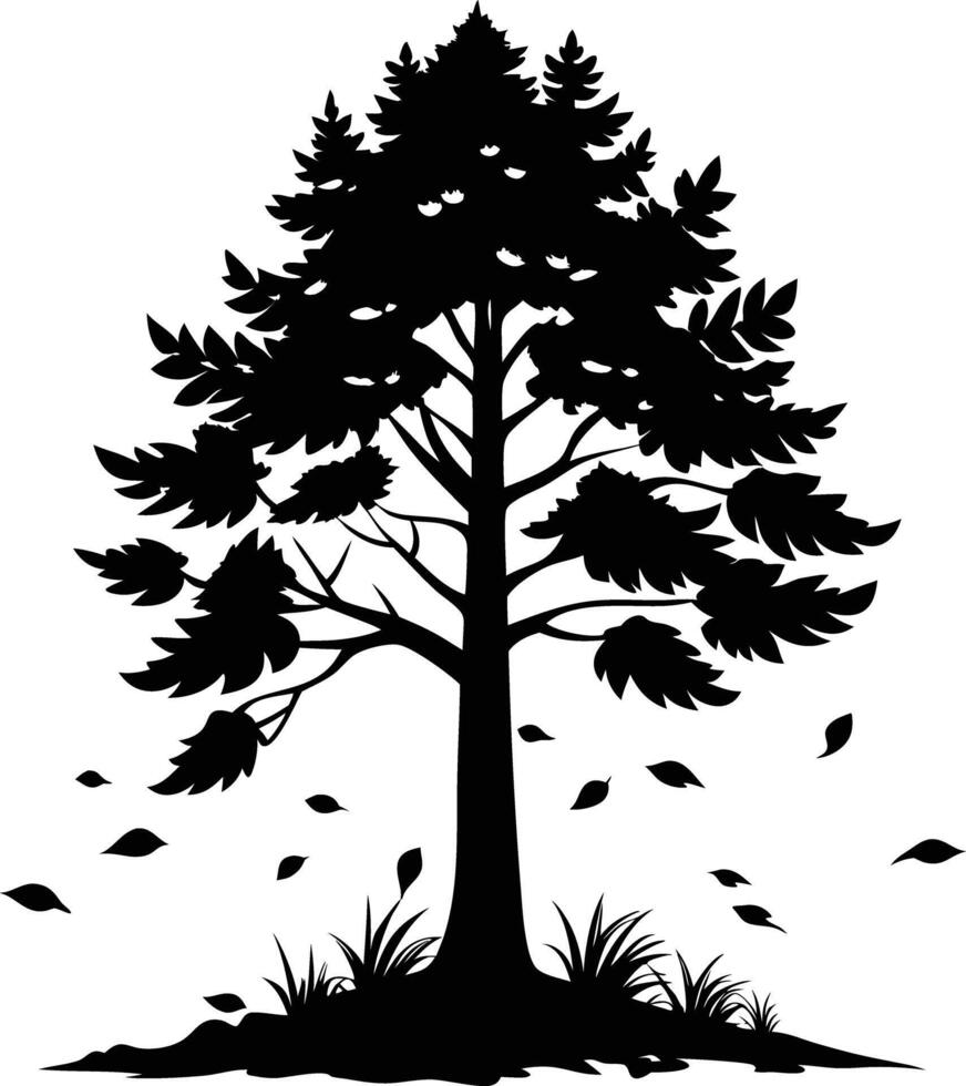 Tree fall leavs silhouette black and white illustration vector