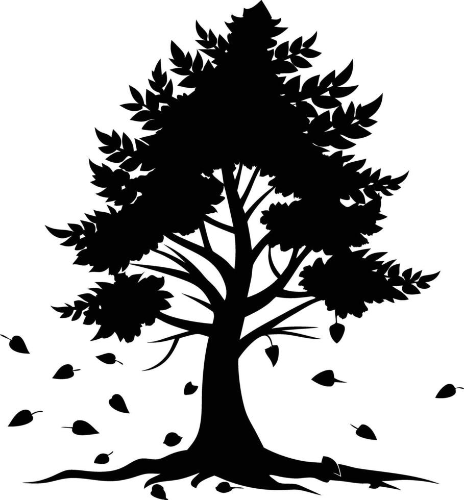 Tree fall leavs silhouette black and white illustration vector