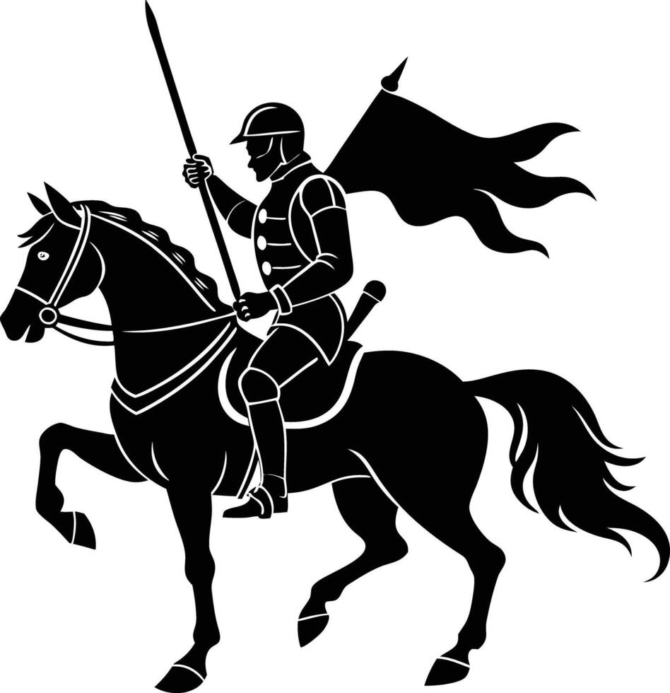 a silhouette medieval cavalier with horse holding flag, black and white vector