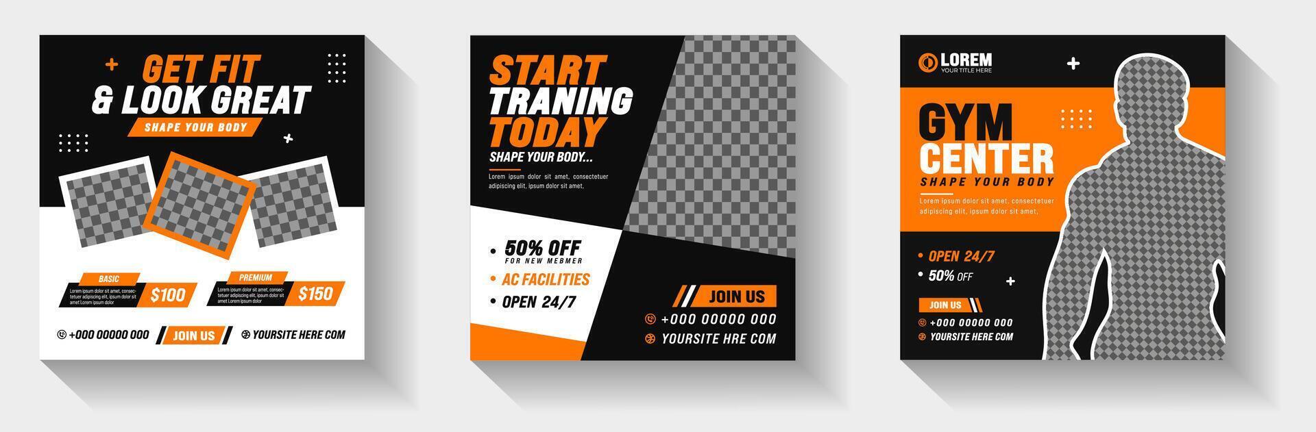 Fitness Gym, Sports or Workout exercise Stylish graphics social media post banner design template set with orange and black color. gym and fitness square promotion banner set. vector