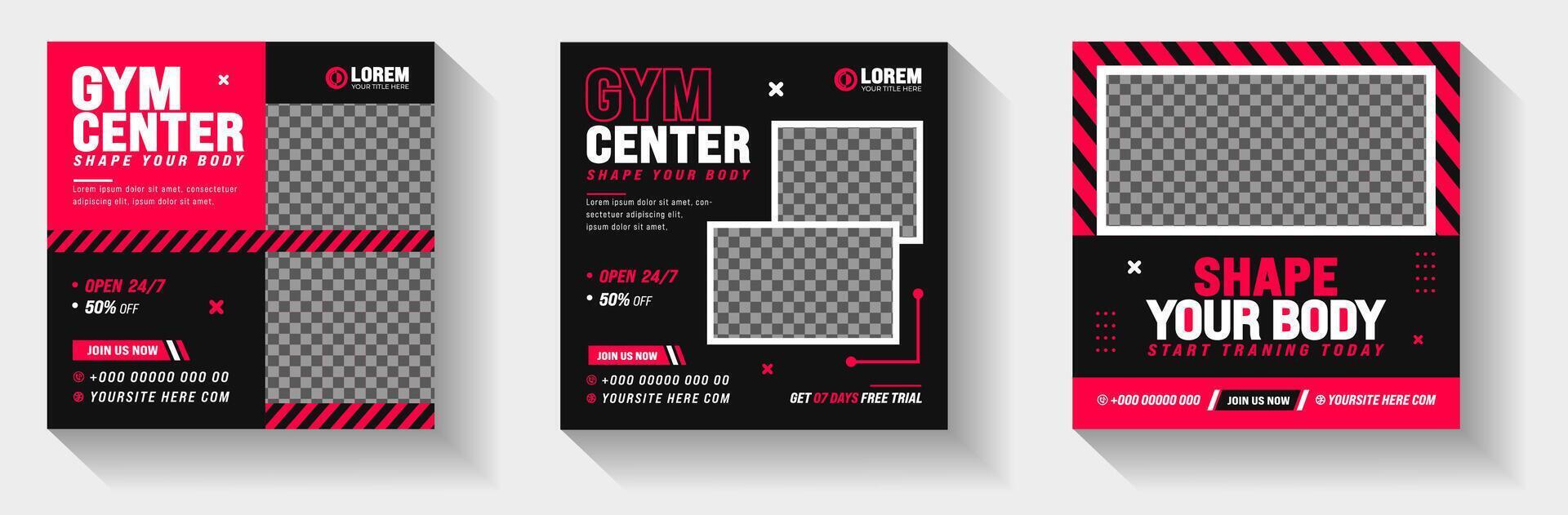 Set of Fitness Gym social media post banner design template with red and black color. Sports or Workout exercise Stylish graphics template social media post square promotion banner. gym post banner. vector
