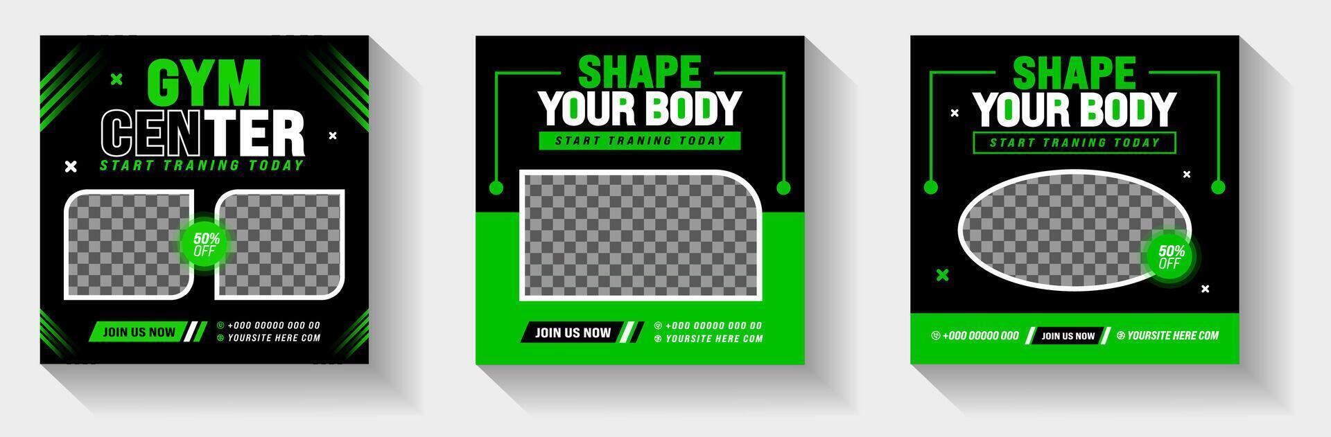 Fitness Gym, Sports or Workout exercise Stylish graphics social media post banner design template set with green and black color. gym and fitness square promotion banner set. vector