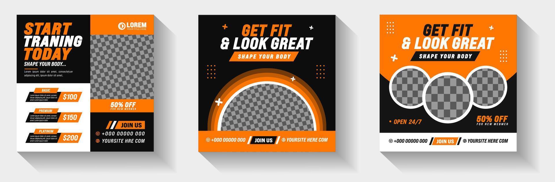 Set of Fitness Gym social media post banner design template with yellow and black color. Sports or Workout exercise Stylish graphics template social media post square promotion banner. gym post banner vector