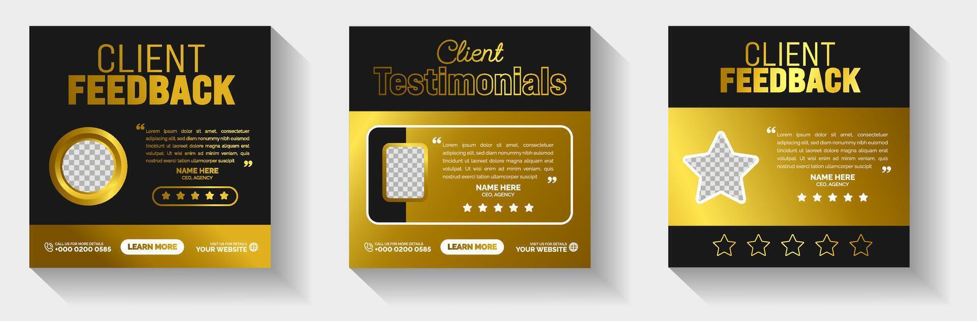 Client testimonials or Customer feedback golden color social media post web banner design template set. client review gold color social media post banner design template. vector