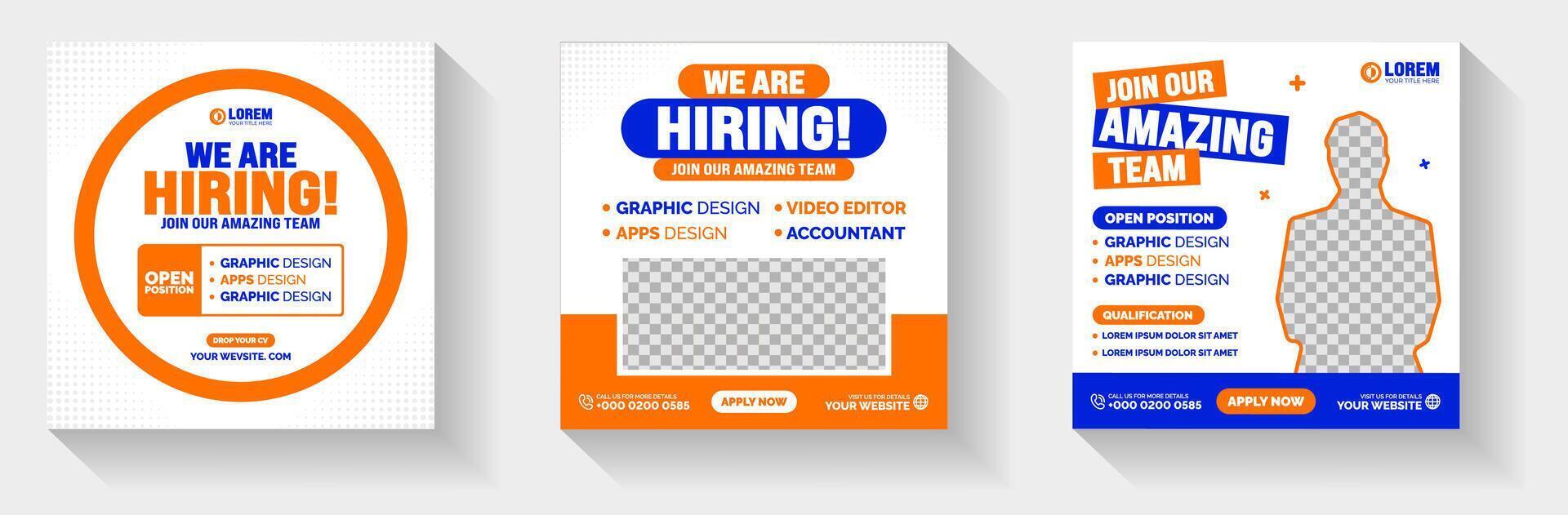 We are hiring job vacancy social media post banner template set. join our amazing team We are hiring job opportunity or Job recruitment social media post Square web banner with blue and orange color. vector