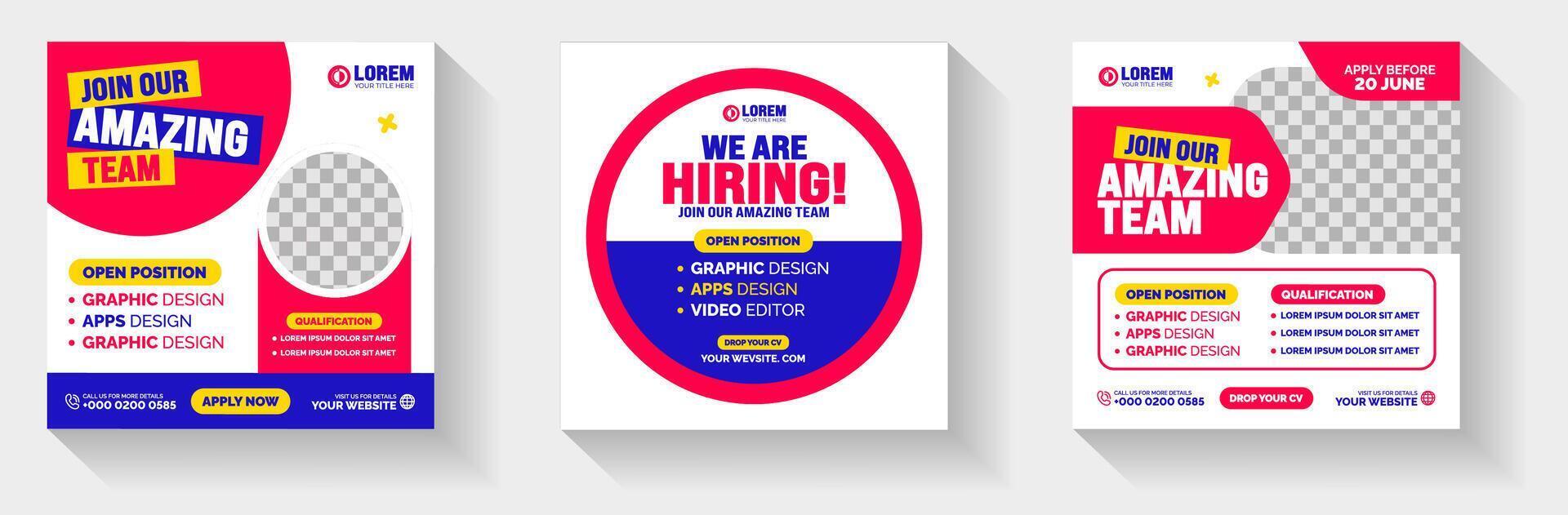 join our amazing team We are hiring job opportunity or Job recruitment social media post Square web banner with blue and pink color. We are hiring job vacancy social media post banner template set. vector