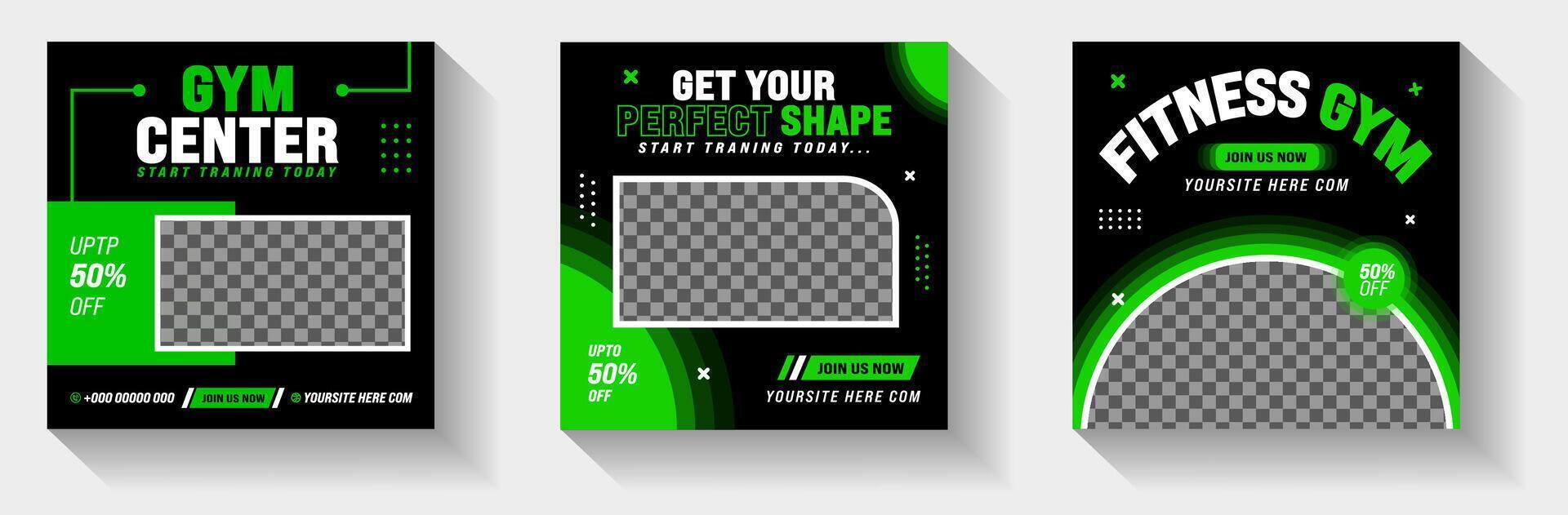 Set of Fitness Gym social media post banner design template with green and black color. Sports or Workout exercise Stylish graphics template social media post square promotion banner. gym post banner. vector