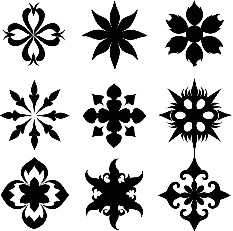 set of symmetrical calligraphic pattern illustration black and white vector