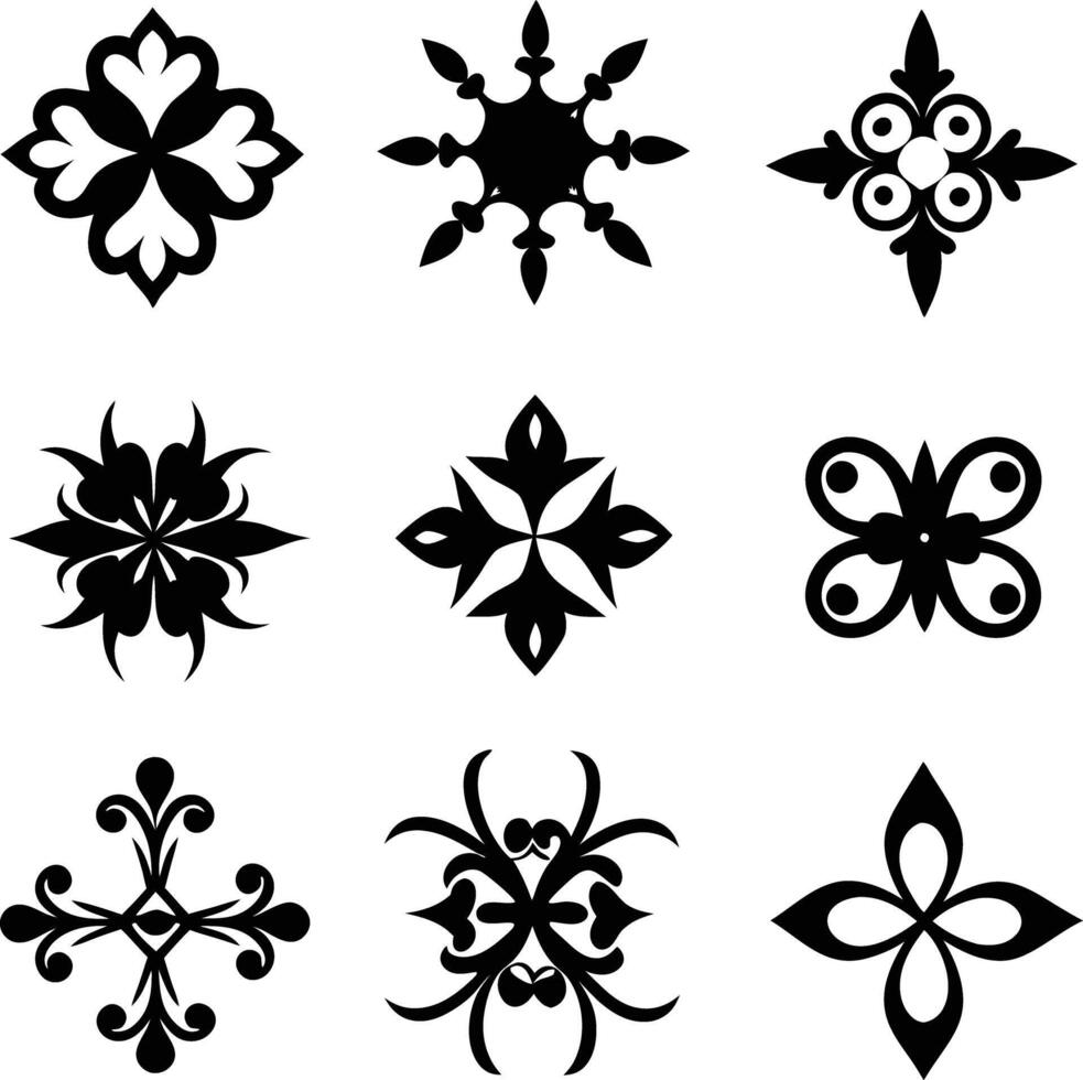 set of symmetrical calligraphic pattern illustration black and white vector