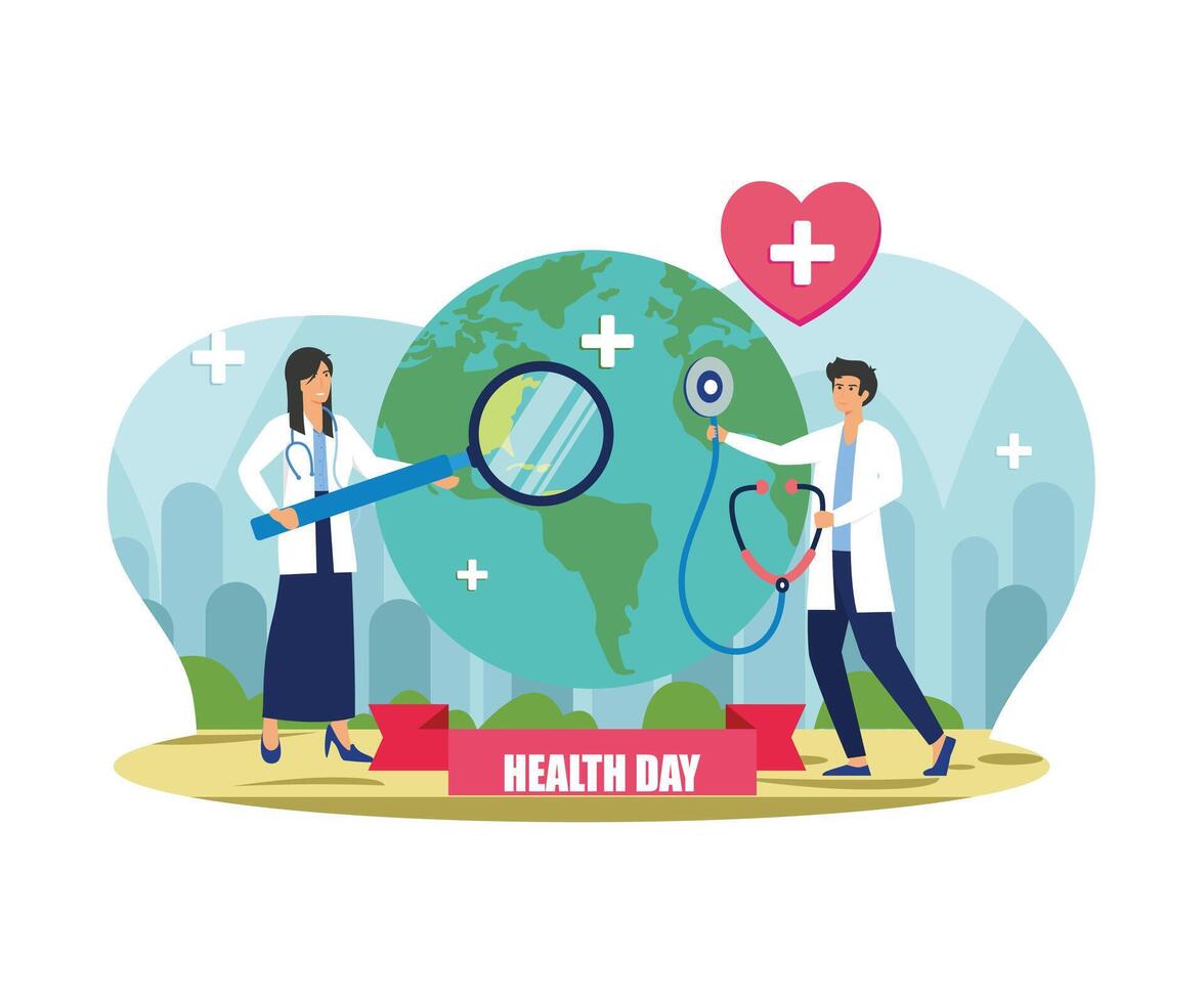 A couple of Doctors are checking the health of the globe earth with a stethoscope on world health day. flat modern illustration vector