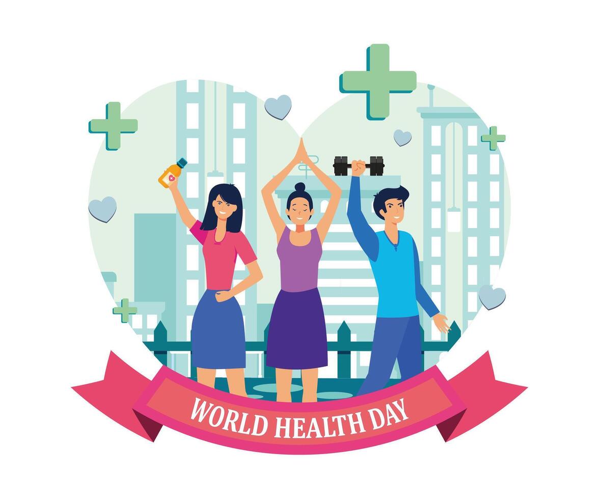 A group of diverse people around the world leading an active healthy lifestyle on World Health Day. flat modern illustration vector