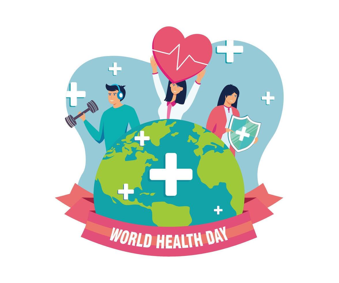 A group of diverse people around the world leading an active healthy lifestyle on World Health Day. flat modern illustration vector