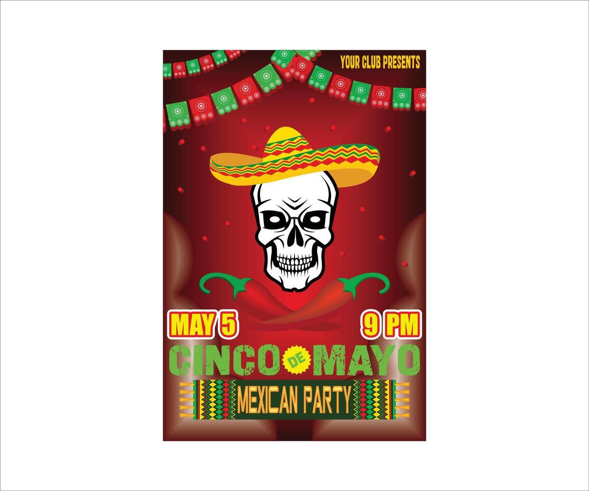 Cinco de Mayo poster or flyer design template with cheerful decorated skull in sombrero and red peppers symbols of holiday. Flat modern illustration vector
