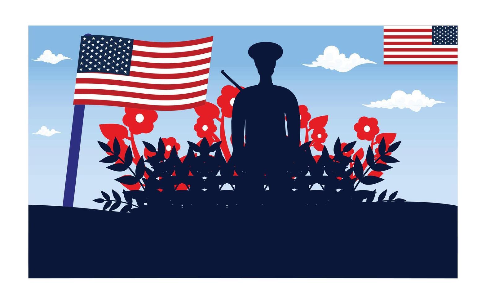 Silhouette of a soldier with red poppies for Memorial Day. flat modern illustration vector