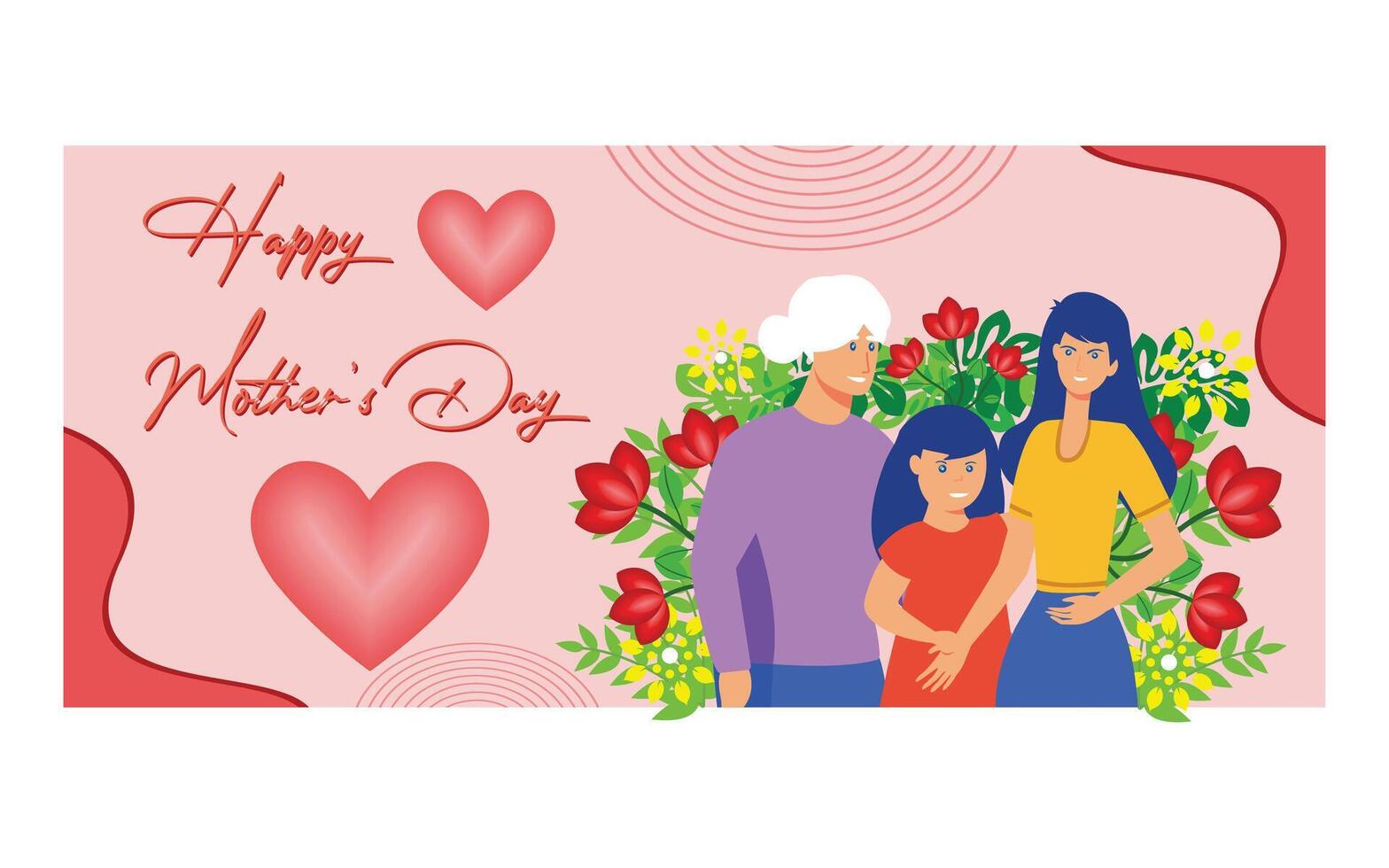 Three generations together celebrate a happy mother's day by holding hands and surrounded by carnations. flat modern illustration vector