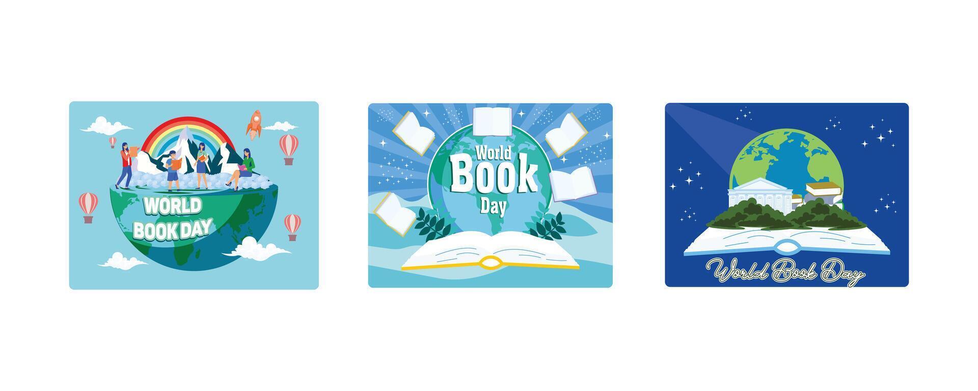 World Book Day, kids reading books ,Education Concept, Happy Book Day. School supply stationery doodle background. World book day 23 april. Set flat illustration vector