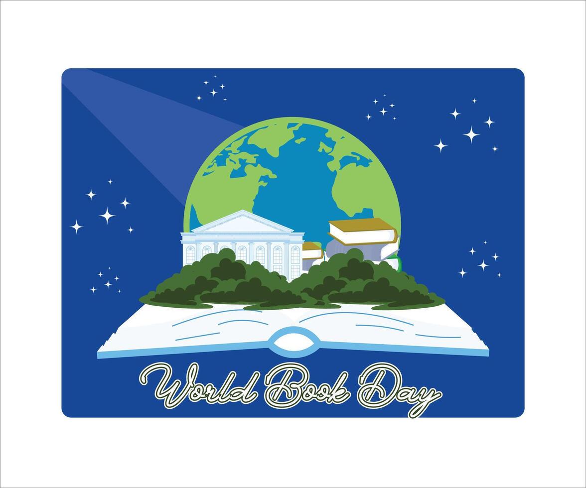 World book day 23 april. Stack of colorful books with open book on teal background. Flat modern illustration vector